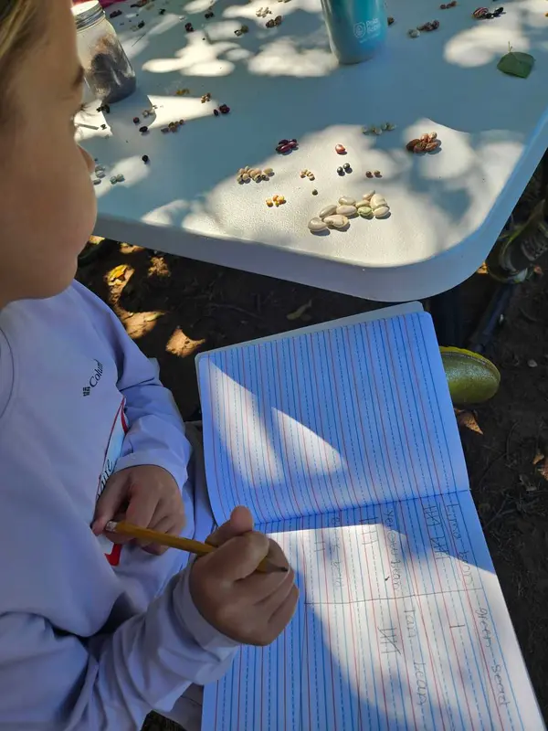 Girl writing notes in her notebook while reviewing natural objects